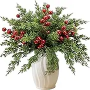 Watayo 45 Pcs Christmas Artificial Pine Branches with Red Berry Stems- 10.5" Faux Evergreen Norfolk Pine Cypress Leaves Stems- Fake Foliage Pine Needles Picks for DIY Craft Garland Home Decor