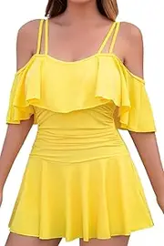 [COCOPEAR] Women's One Piece Flounce Swimsuit Off Shoulder Bathing Suit Tummy Control Swimdress(FBA)