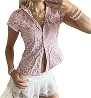 [Generic] Women Cute Crop Tops Y2k Floral Pattern Short Sleeve Fitted Blouse Tees Retro 00s Cottage Button Down T-Shirt