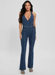 GUESS Women's Blue Denim Claire Halter Jumpsuit Size: Medium, Spandex