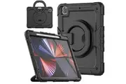 WASSUP iPad Pro 12.9 inch 6th/5th/4th/3rd Gen Rotatable Handle Ring Folding Stand Case with Screen Protector-Black&Black