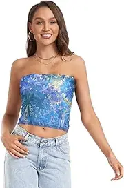 [FRODOTGV] Vintage Birds Flower Butterfly Womens Tube Tops with Mesh Padded Bandeau Top Strapless Shirts for Summer Party