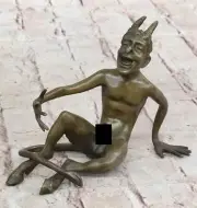 Scary Evil Sitting Satyr Faun Demon Devil Satan Bronze Figurine Sculpture Nude