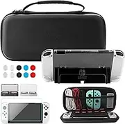 FUNDIARY Carrying Case for Nintendo Switch OLED, Black Shockproof Portable Travel Bag for Switch Console, Bundle with Clear Protective PC Shell, HD Screen Protector, 2 Game Card Case, 10 Thumb Caps