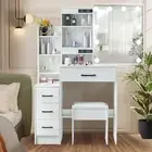 Makeup Dressing Table Stool Set with LED Slide Mirror Desk White and 4 Drawers