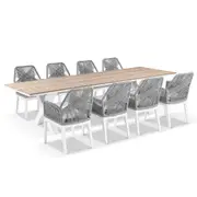 Kansas 3m Outdoor Teak Timber and Aluminium Dining Table with 10 Hugo Rope Chairs - Outdoor Aluminium Dining Settings
