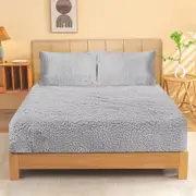 Soft Sherpa Fleece Fitted Sheet Combo Set Warm Winter Bedding Grey Queen