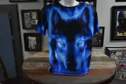Howling Wolf Clothing Polyester t-shirt full wolf head front & back blue SZ-M