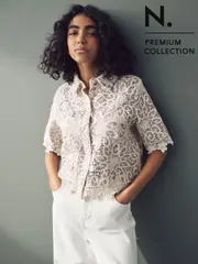 Blush Pink/Ecru N. Premium Crochet Lace Short Sleeve Shirt (AB5927) | $122