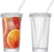 2 Pcs Glass Cups with Lids and Straws,Vertical Striped Glass Water Cup with Lid and Straw,Versatile Iced Coffee, Milk Tea, Juice, and Whiskey Tumbler,Ideal Glass Cups for Home and Office Use