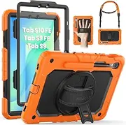 SEYMAC Case for Samsung Galaxy Tab S9 FE Case 2023, Heavy Duty Shockproof Protective Case with Screen Protector, Rotating Stand, Hand Strap and Pen Holder for Galaxy Tab S9 FE 10.9''/S9 11'', Orange