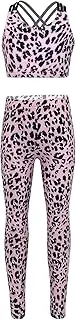 [FEESHOW] Kids Girls Leopard Print Criss-Cross Back Crop Top and Leggings Sets Tracksuit Summer Sports Workout Outfits