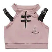 Short-Sleeve Round Neck Heart Print Lace Up T-Shirt / Sleeveless Faux Leather Strap Round Neck Lettering Print Crop Hoodie with Arm Sleeves / Cami Top / Drawstring Waist Straight Leg Sweatpants / Drawstring Waist Striped Mini Skort 23W123 - Camisole Top - With Arm Sleeves - Pink - M
