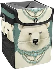 Car Trash Can with Lid and Storage Pockets Leak-Proof Organizer,Waterproof Garbage Can,White Bear Dot Cartoon
