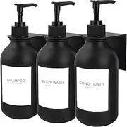 Pack of 3 Black 500ml Drill-Free Wall-Mounted Soap Lotion Pump Dispensers with 22 Labels and 3 Wall-Mounted Rack Bathroom Organization