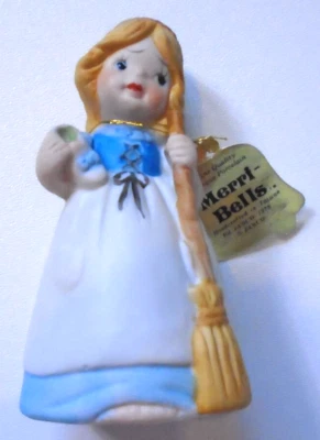 New with Tags Vintage Merri-Bells Girl with Broom Bell 1978 Jasco Hand Crafted
