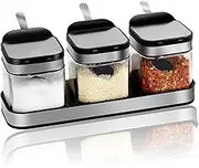 SvaTao Condiment Jar Spice Container with 304 Stainless Steel Lids and Spoons,Clear Glass Condiment Canisters Pots Seasoning Box Salt Container Sugar Bowl Set of 3 for Kitchen, Counter, Food Storage