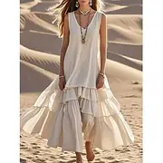 Women's Maxi Dress A Line Dress Casual Outdoor Going out Beach Linen Regular Fit Solid Color Plain Sleeveless V Neck White Summer