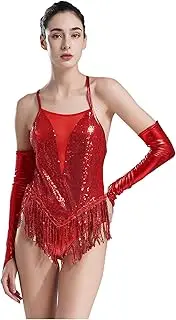 [Manyakai] Women Sequins Fringed Leotard for Latin Dance Sleeveless Tassel Gymnastic Bodysuit with Gloves