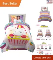 Kids Bedding Comforter with Sheets and Pillow Set - Fluffy Unicorn Design