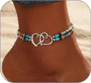 Elastic Beaded Anklet Seed Bead Turquoise Heart Ankle Bracelet for Women Double