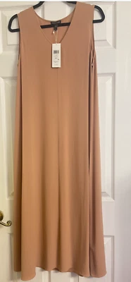 NWT $528 Eileen Fisher Coffee Cream Silk Georgette Crepe V-Neck F/L Dress M