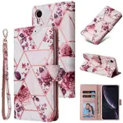 For Apple iPhone XR Case Marble Painting Pattern With Lanyard Flip Wallet Case Leather Card Slots Stand Cover (Rose Gold Gilding)