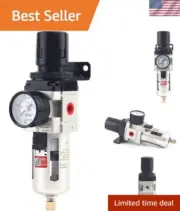 Compact 1/4'' NPT Piggyback Air Filter Regulator with Gauge & Semi-Auto Drain