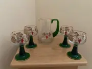 Vintage German 4 Wine Glasses & Pitcher Set w/ Swarovski Crystals-New Condition