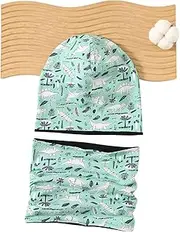 [Sophisticate] Children's Beanie Hat Scarf Tube Scarf Set, 360° Reflector Children's Hat & Loop Scarf Set, Cotton Loop Scarf Thin Boys and Girls Autumn Spring Winter (Green - Dinosaur), Green, One size