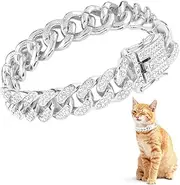 Amabro Diamond Cat Chain Collar, Metal Cuban Link Dog Collar with Secure Buckle 12mm Wide Cat Pet Necklace Chain Pet Collar Jewelry Accessories for Small Medium Dogs Cats Puppy Kittens 8inch(Silver)
