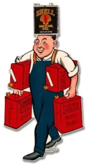 SHELL MOTOR SPIRIT MAN HOLDING CANS 23" HEAVY DUTY USA MADE METAL ADVERTISE SIGN