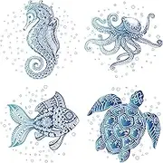 4PCS 6.3 Inch Sea Animal Window Decals Static Waterproof Sea Turtle Seahorse Octopus Sea Fish Window Clings Ocean Film for Bedroom Bathroom Prevent Bird Pets Strikes Home Decorations