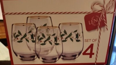 LENOX WINTER CHRISTMAS HOLIDAY STEMLESS WINE GLASSES SET OF 4