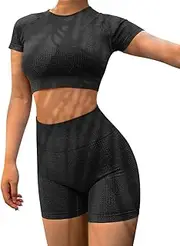 [HYZ] Yoga 2 Piece Outfits Workout Running Crop Top Seamless High Waist Shorts Sets