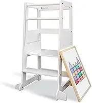 My Duckling Learning Tower, Toddler Tower Kids Kitchen Helper with Step Stool, Kitchen Tower 2 in 1, Adjustable with Drawing Board- White