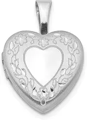 [JewelryWeb] 925 Sterling Silver Patterned Holds 2 photos Polished and satin Flower Border 12mm Love Heart Locket