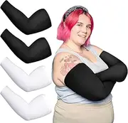 [Waatvbk] 4 Pairs Plus Size Arm Sleeves UV Sun Protection Cooling Ice Silk Oversized Compression Sleeve Cover for Women