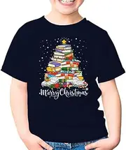 [SDVN] Books Christmas Tree Funny Love Reading Book Lover Librarian Bookworm Nerd Geek Unisex Kids Shirt Youth T-Shirt (Navy;XS)