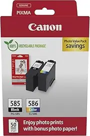 Canon PG-585 / CL-586 Original Ink Cartridges 2-Pack (1x Black, 1x Colour) + 50 Sheets of 4x6 Photo Paper - Compatible with PIXMA TS7650i / TS7750i