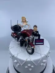 Bride and Groom w/Harley Davidson Electra G Motorcycle Funny Wedding Cake Topper