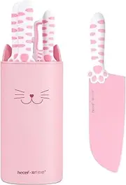 hecef Cute Kitchen Knife Set,5-Piece Non-Stcik Knives Set with Detachable Block and Scissors,Sharp Kitchen Knives for Chopping, Slicing, Dicing and Cutting, Gift Housewarming Birthday (Pink)