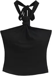 [Generic] Women's Round Neck Backless Camisole Knotted Design Slim Summer Black Tank Top