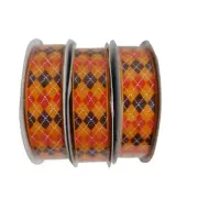 30 Yards Ribbon 7/8" Wide Autumn Orange Argyle Fall Diamond 10 Yrds x 3 Lot