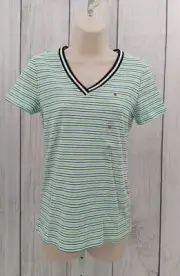 Tommy Hilfiger Flag Tee Shirt Green And Blue Striped Size XS AB12