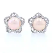 NEW Cultured Pearl & Cubic Zirconia Stud Earrings - Sterling Silver Peach .48ctw