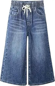 [Kidscool Space] Girls Wide-Leg Denim Pants, 5-14T Loose Elastic Waist with String Flared Jeans Bottoms