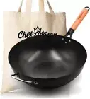 Carbon Steel Wok -13.4" Flat Bottom Wok Stir Frying, Large Uncoated Pre-Seasoned