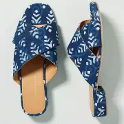 Anthropologie Willa Block Print Mules Slides Flats Navy White US 9 New