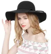 Women 100% Wool Wide Brim Cloche Fedora Floppy hat Cap,Black,One Size